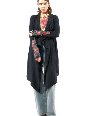 Aratta Black Traveling Set Shawl Top Jacket Cardigan Embroidered Floral S